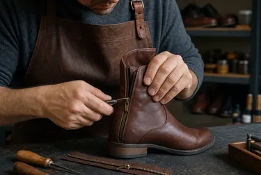 Especialista consertando zíper de bota com ferramentas apropriadas.