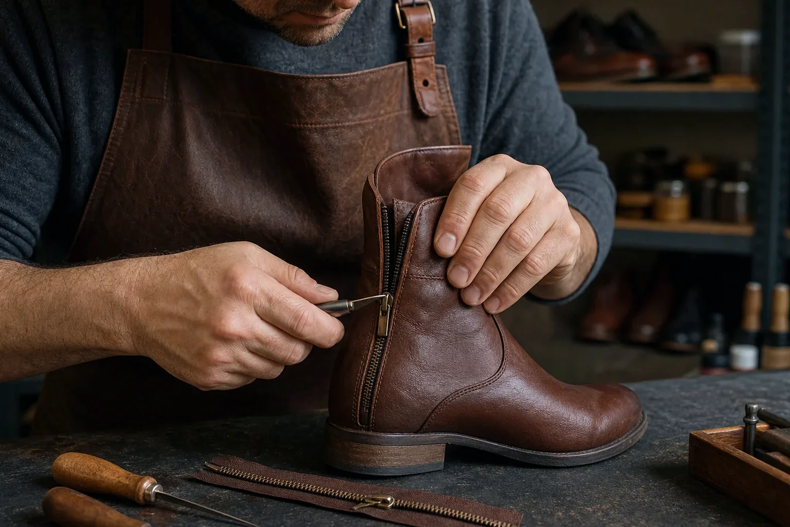 Especialista consertando zíper de bota com ferramentas apropriadas.