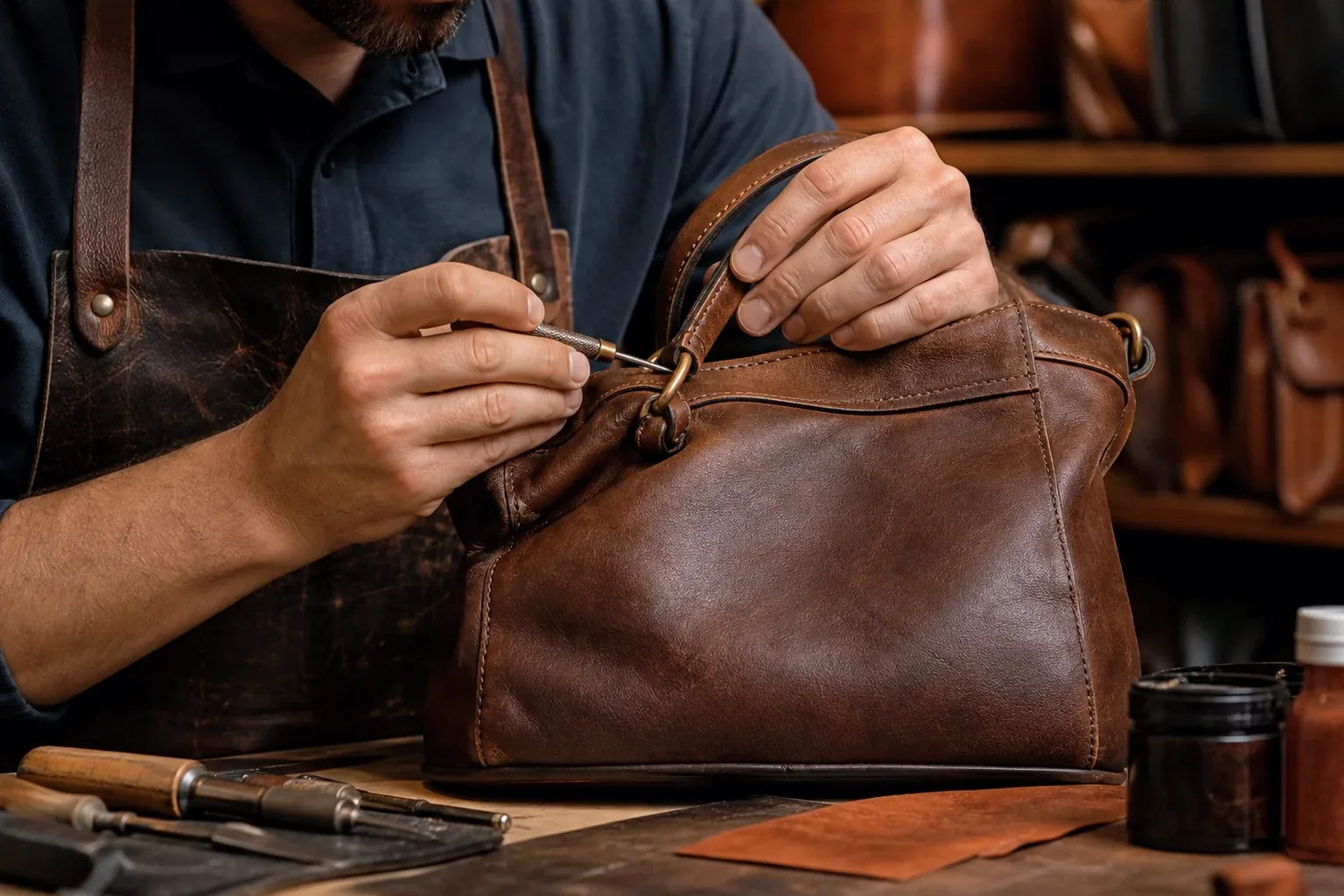 Especialista reformando bolsa de couro com delicadeza.